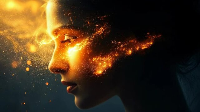 Profile of a woman's face illuminated by golden light particles flowing over her skin, depicting a concept of bright mind