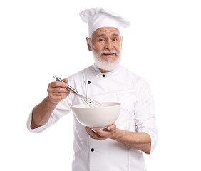 Professional pastry chef with whisk and bowl on white background