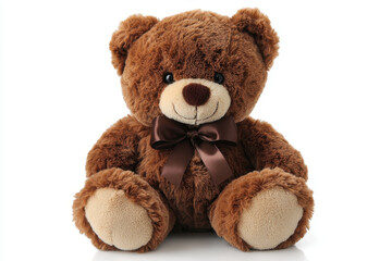 Teddy bear on white surface, surrounded by colorful balloons, celebrating a birthday party.