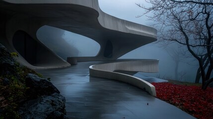 Misty concrete walkway, modern architecture, autumn foliage, fog
