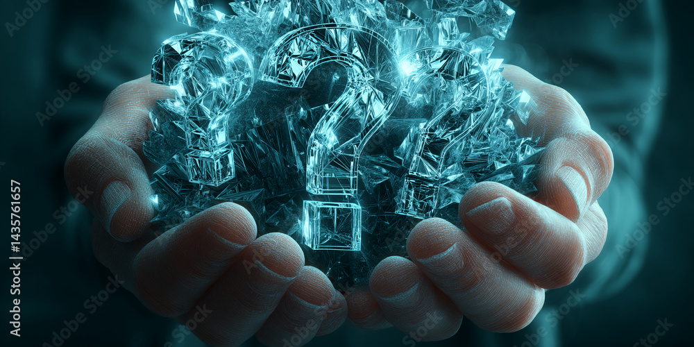 Poster hands holding shattered ice question marks, symbolizing uncertainty, fragility of knowledge, or solv