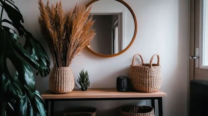 Bohemian entryway console with pampas grass and baskets