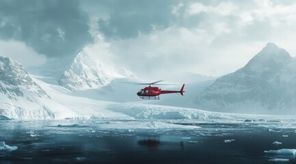 Helicopter flying over snowy mountains