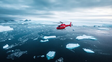 Helicopter over icebergs arctic landscape
