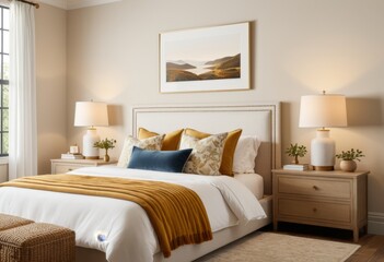 The bed has a white headboard and a yellow blanket