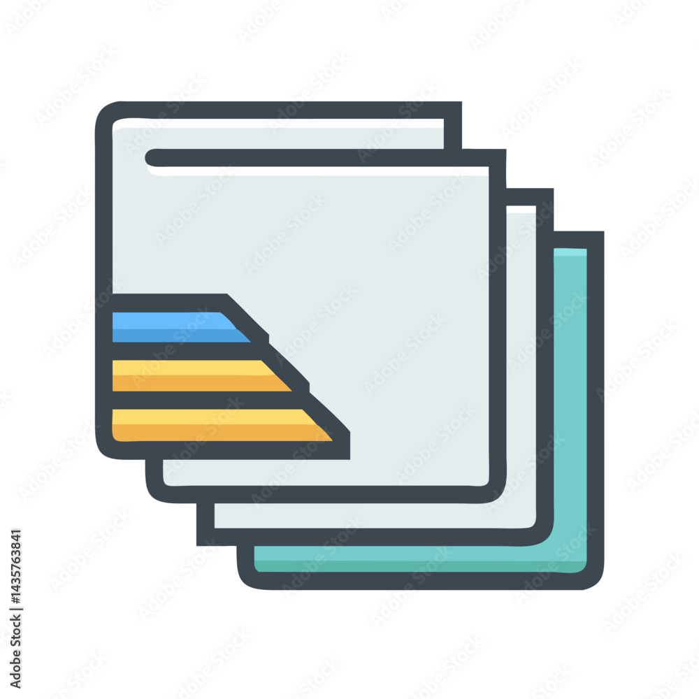 Poster stack of papers with organized content in various colors