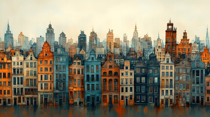 Fototapeta premium Cityscape with a row of historic buildings reflected in water tall buildings in background