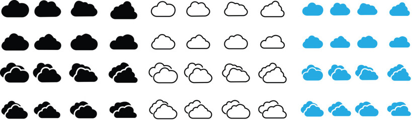 Fluffy clouds flat, outline icon set. Collection of various form and contours. Design elements for the weather forecast, web interface or cloud storage applications isolated on transparent background.