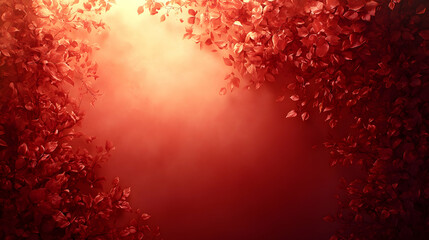 Red leaves frame a soft reddish-orange background