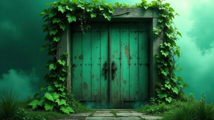 Enigmatic Teal Wooden Doorway Concealed by Lush Green Vines, A Mysterious Entrance to an Unknown Realm