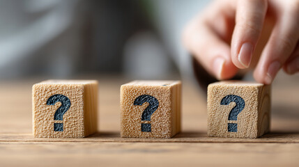 Close-up of three wooden cubes, each displaying a question mark, on a wooden surface A hand interacts with one cube, symbolizing uncertainty or the search for answers