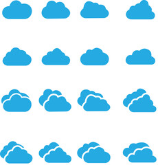 Fluffy clouds blue flat icon set. Collection of various form and contours. Design elements for the weather forecast, web interface or cloud storage applications isolated on transparent background.