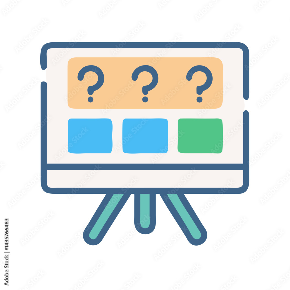 Poster whiteboard display with question marks and colored squares icon