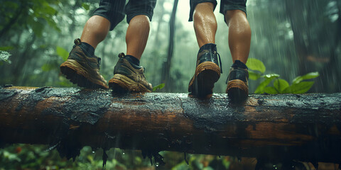 67. Jungle Challenge: In a low angle shot, an Asian couple attempts to climb over a log in a raining jungle, with the focus on their trekking shoes in this adventurous and challenging trek