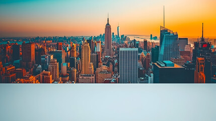 Sunset cityscape numerous skyscrapers golden hour light