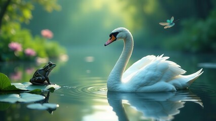 Obraz premium Serene aquatic scene featuring a graceful swan, a tranquil frog, and a delicate dragonfly, all harmoniously coexisting in a sunlit pond, reflecting nature's peaceful beauty.