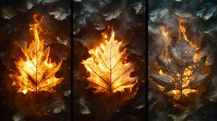 Triptych of leaves ablaze amidst others transitioning from burning to ash