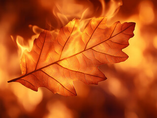 Translucent leaf illuminated against a fiery backdrop Intricate details visible Autumnal colors