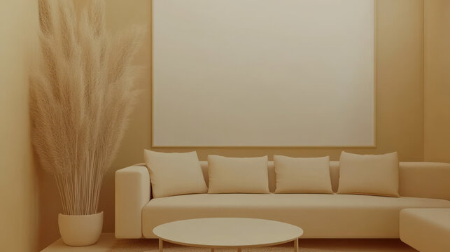 Beige Living Room Interior Mockup:  A calming and minimalist living room features a beige sofa with cushions, a round coffee table, and pampas grass in a pot.