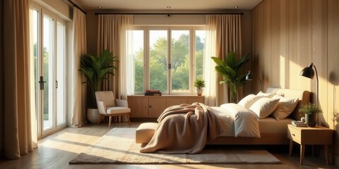 Fototapeta premium Serene Bedroom with Natural Light and Wooden Accents, Featuring a Comfortable Bed and Plush Throw Blanket, Creating a Relaxing and Peaceful Atmosphere