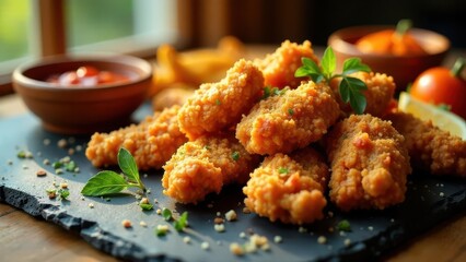 Fototapeta premium Aromatic Crispy Chicken Nuggets Served with French Fries and Spicy Dipping Sauce