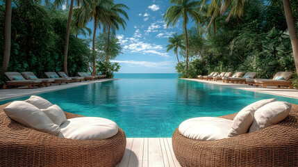 Obraz premium Tropical poolside oasis with luxurious woven lounge chairs offering stunning ocean views