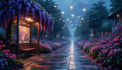 Fototapeta premium A group of glowing birds soars overhead, illuminating the rain like a shifting constellation, while a bus stop is covered in wisteria, roses, and alliums, with puddles glistening with the hues of the 