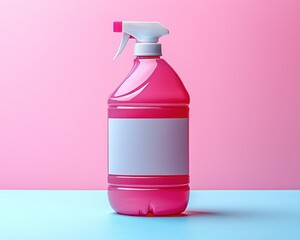 Bright pink spray bottle on a pastel background, showcasing a cleaning product