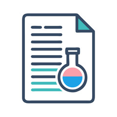 Scientific report icon with flask, blue and pink liquid