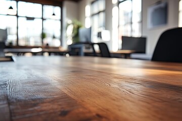 Modern, bright office space, wooden table