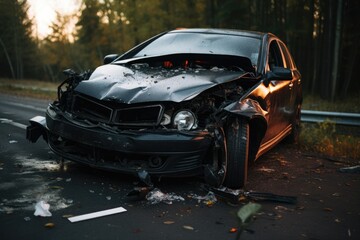 Severely damaged car after a collision, front end destruction visible, roadside accident.