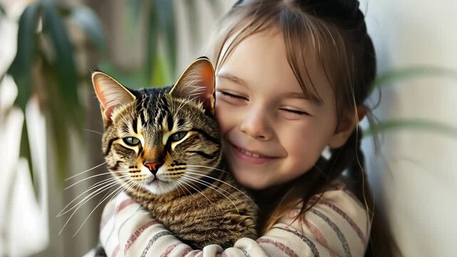 A young girl joyfully embraces her tabby cat