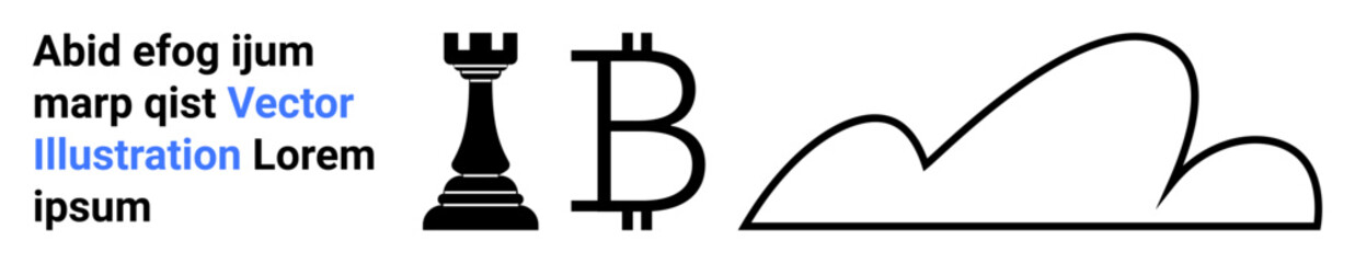 Chess rook, Bitcoin symbol, and cloud line art combined with placeholder text in varying styles. Ideal for strategy, finance, technology, innovation, digital assets, cloud computing simple landing