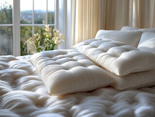 Cozy bedroom scene with plush white pillows on a soft quilted bedspread, sunlight streaming through sheer curtains