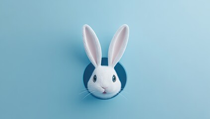 Cute white rabbit head peeking through a light blue hole