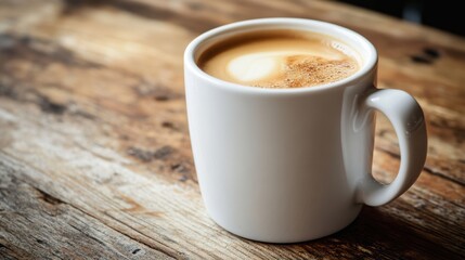Fototapeta premium A White ceramic mug filled with a warm beverage, likely Coffee or Tea. 