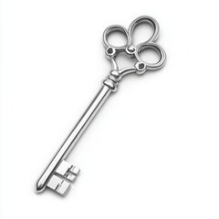 Silver ornate key on a plain isolated on white background