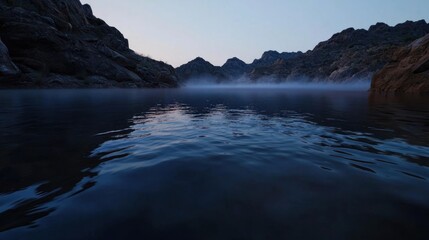 Misty mountain lake at dawn