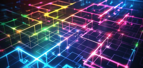 Obraz premium Abstract digital background with glowing neon cubes and lines in a maze, representing data technology in cyberspace, colored blue, green, purple, red, yellow, and black.