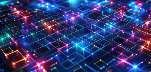 Obraz premium Abstract digital background Glowing neon cubes and lines form a maze representing data technology in cyberspace or virtual reality. Colors are blue green purple red yellow and black.