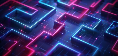 Glowing holographic cubes and lines on a dark blue create a futuristic maze, an ultra-realistic 3D rendering trending on Artstation.