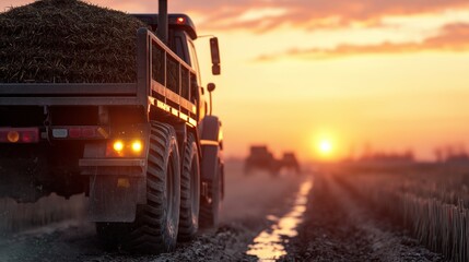 Farm tractor transporting hay on dirt road at sunset
