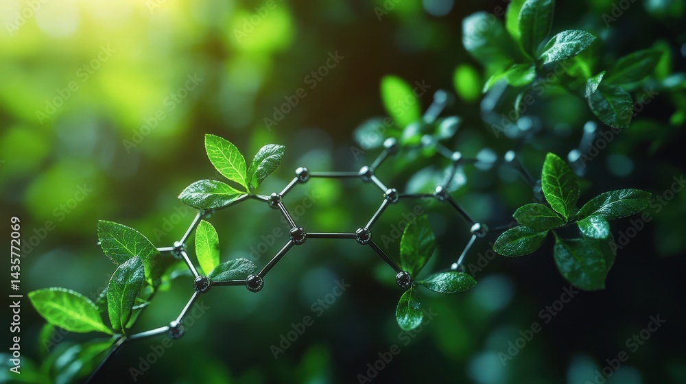 Poster close-up of green leaves intertwined with a molecular structure symbolizing nature and science