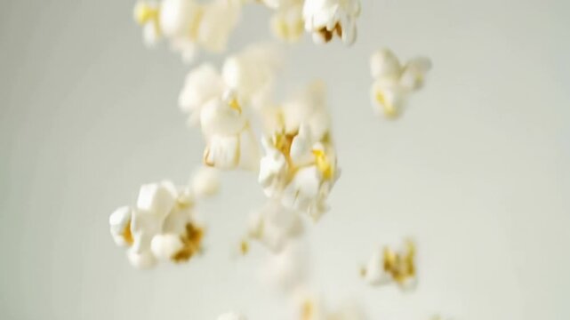 Popcorn flying and falling in slow motion on white background. Light snack explosion symbolizing fun moments, movie time, and delicious enjoyment.
