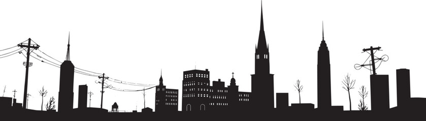 City landscape. Line urban backdrop, different buildings on street, doodle street draw, outline cityscape hand sketch, flat houses. Hand drawn vector illustration