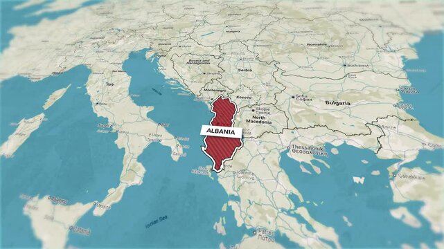 Borders of the state of Albania on the map. Country Albania on the map is highlighted by a polygonal border. From above zooming in with panoramic view