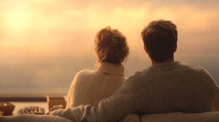 Couple seated, back view, warm sweaters, sunset background, conveys togetherness, tranquility, romance