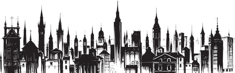 City landscape. Line urban backdrop, different buildings on street, doodle street draw, outline cityscape hand sketch, flat houses. Hand drawn vector illustration