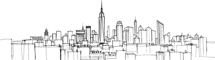 City landscape. Line urban backdrop, different buildings on street, doodle street draw, outline cityscape hand sketch, flat houses. Hand drawn vector illustration