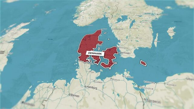Borders of the state of Denmark on the map. Country Denmark on the map is highlighted by a polygonal border. From above zooming in with panoramic view